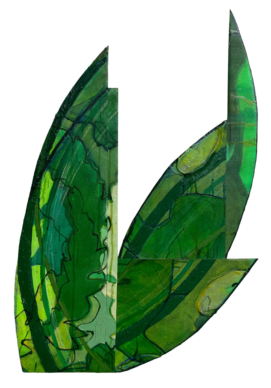 Ana Wolovick, Re-Construction (Green Painting), 2007–2022, 27 x 18.25 inches, acrylic, oil enamel and spray paint with moldable glue on canvas backed with balsa wood. Courtesy of the artist.
